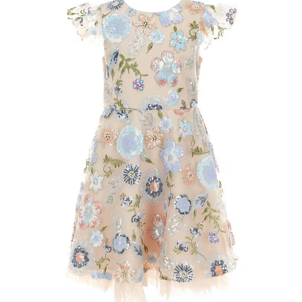 Little-Girls Short Sleeved Embellished Floral-Embroidered Fit-and-Flare Dress